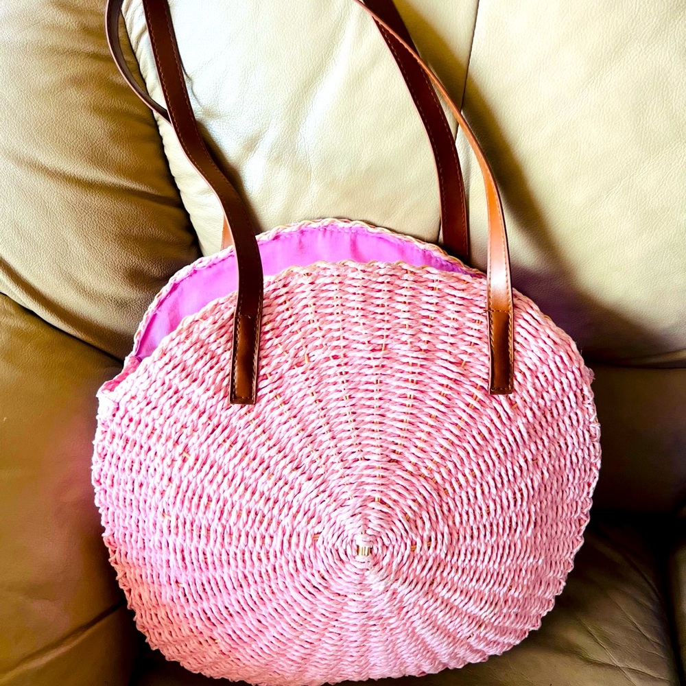 Pink Woven Tote Bag with Brown Straps